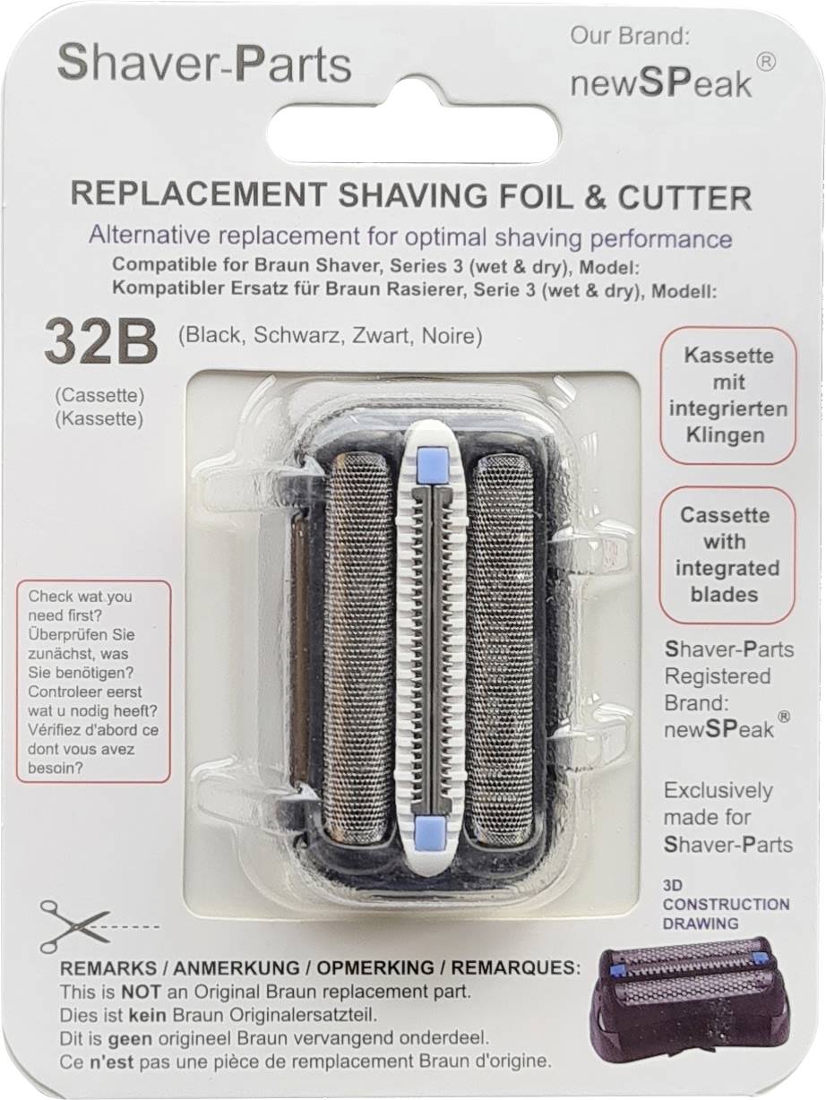 Balíček náhradní holící folie a střihače pro Shaver-Parts, model 32B, s fotkou produktu a vícejazyčnými štítky uvádějícími kazetu s integrovanými čepelemi, kompatibilní se Braun Series 3.