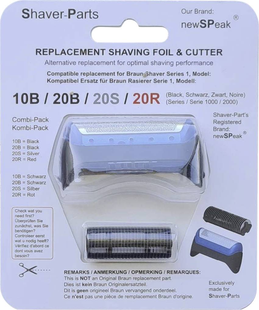 Sada náhradních dílů obsahující holiací fólii a řezací nůž pro holítka Braun řady 1, modely 1000/2000, označené jako 10B/20B/20S/20R s viditelným zobrazením fólie a řezacího nože.