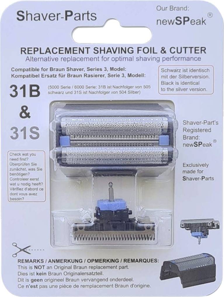 Balíček náhradních dílů pro holič - náhradní holicí fólie a řezač, kompatibilní s modely Braun Series 3 31B a 31S, zobrazující náhradní hlavice a stříhací součásti.