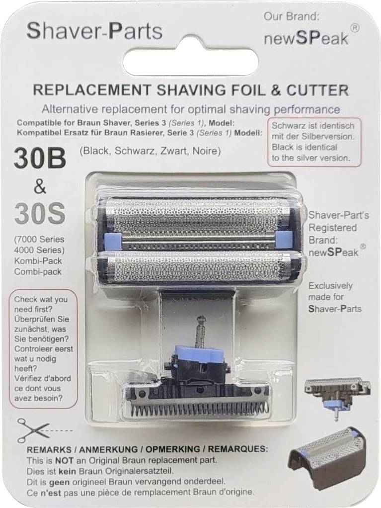 Shaver-Parts náhradní holící fólie a střih pro Braun 30B a 30S holicí strojky, zobrazené v balení s částmi fólie a střihu.