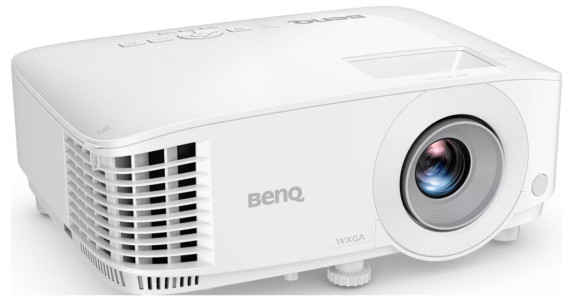 Bílý multimediální projektor BenQ WXGA zobrazený v předním pohledu s objektivem na pravé straně a ventilační mřížkou na levé straně.