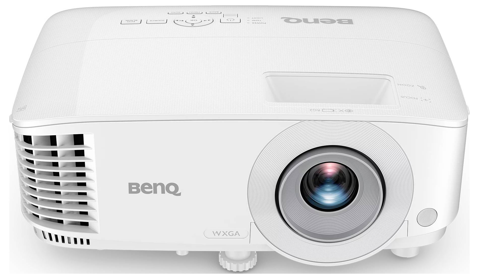 Bílý projektor BenQ WXGA s předním objektivem, ventilační mřížkou a ovládacími tlačítky na horní straně na jednoduchém pozadí.