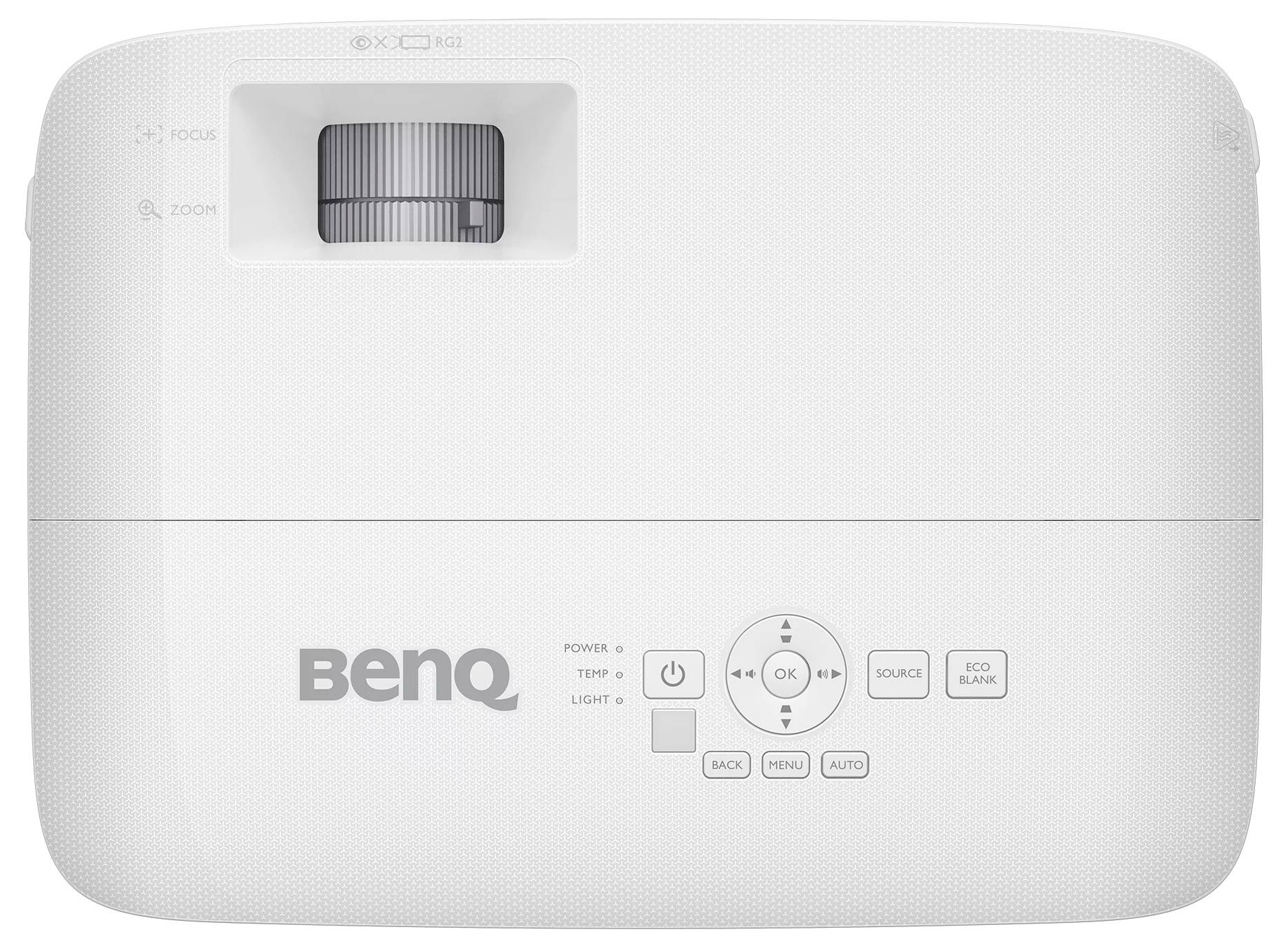 Bílý projektor BenQ pohled shora s ovládacím panelem objektivu, tlačítky napájení a navigace a značkami pro zaostření/zoom.