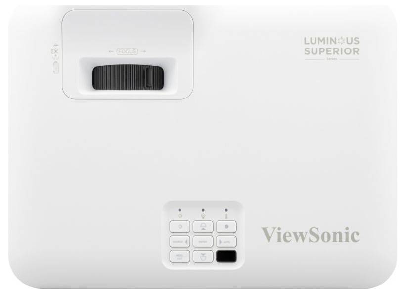 Bílý projektor ViewSonic zobrazený shora, s objektivem vlevo nahoře, ovládacími tlačítky poblíž dolního středu a značkou „LUMINOUS SUPERIOR" na pravé straně.