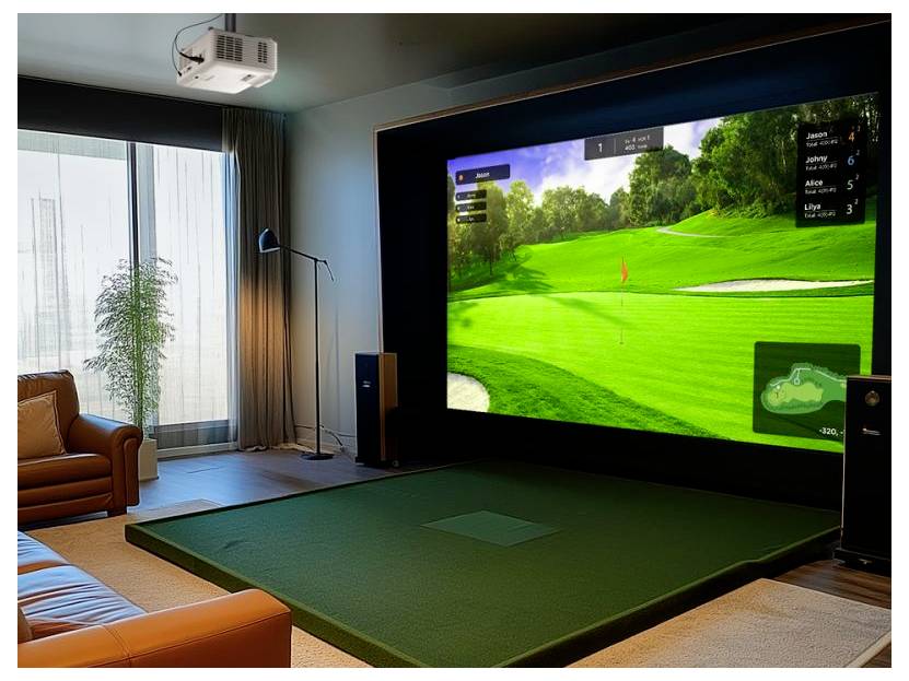 Luxusní obývací pokoj se simulátorem golfu v interiéru: velká obrazovka zobrazuje golfové hřiště, biják v popředí, projektor nad hlavou a sedací souprava u okna.