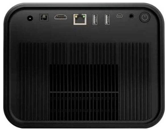 Přední pohled na kompaktní černý mini počítač se zadními porty včetně HDMI, Ethernetu, USB a tlačítka napájení.