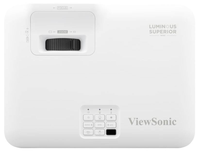 Pohled shora na bílý projektor ViewSonic s objektivem, ovládacími tlačítky a viditelným značením "LUMINOUS SUPERIOR".