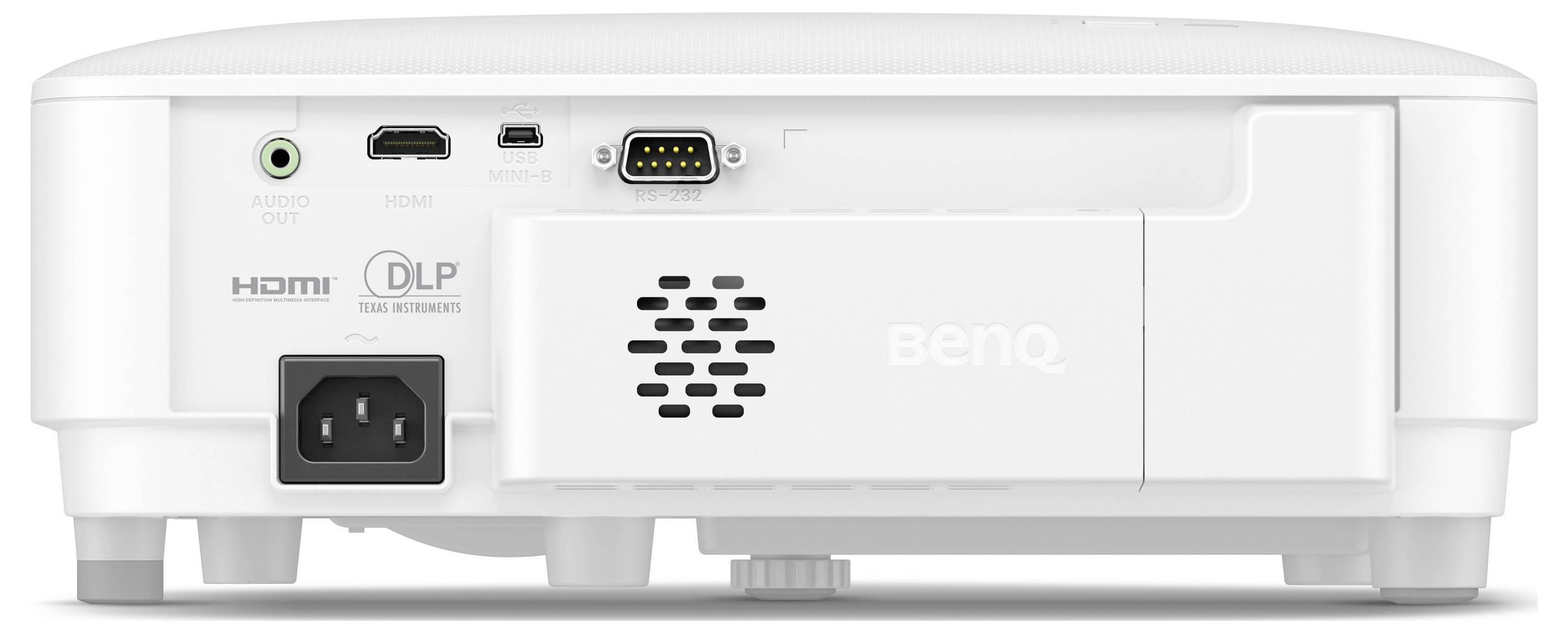 Přední pohled na bílý DLP projektor BenQ ukazující porty HDMI, audio a napájení na zadním panelu.