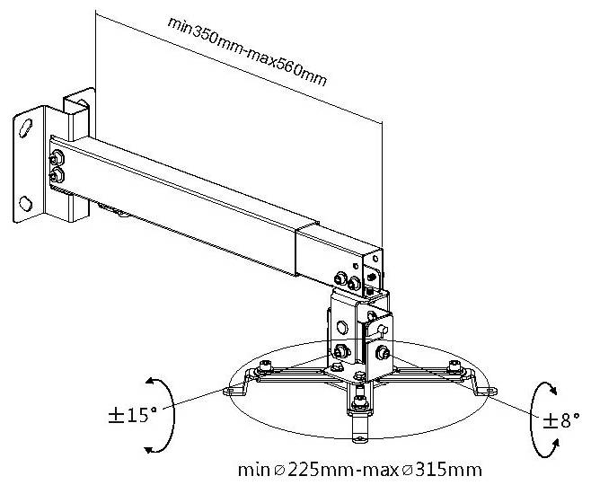Technický diagram potřebný na stropní montážní konzolu s nastavitelnou délkou ramene minimálně 350 mm až maximálně 560 mm, a rozsahy sklonu ±15° a ±8°, s průměrem základny minimálně 225 mm až maximálně 315 mm.