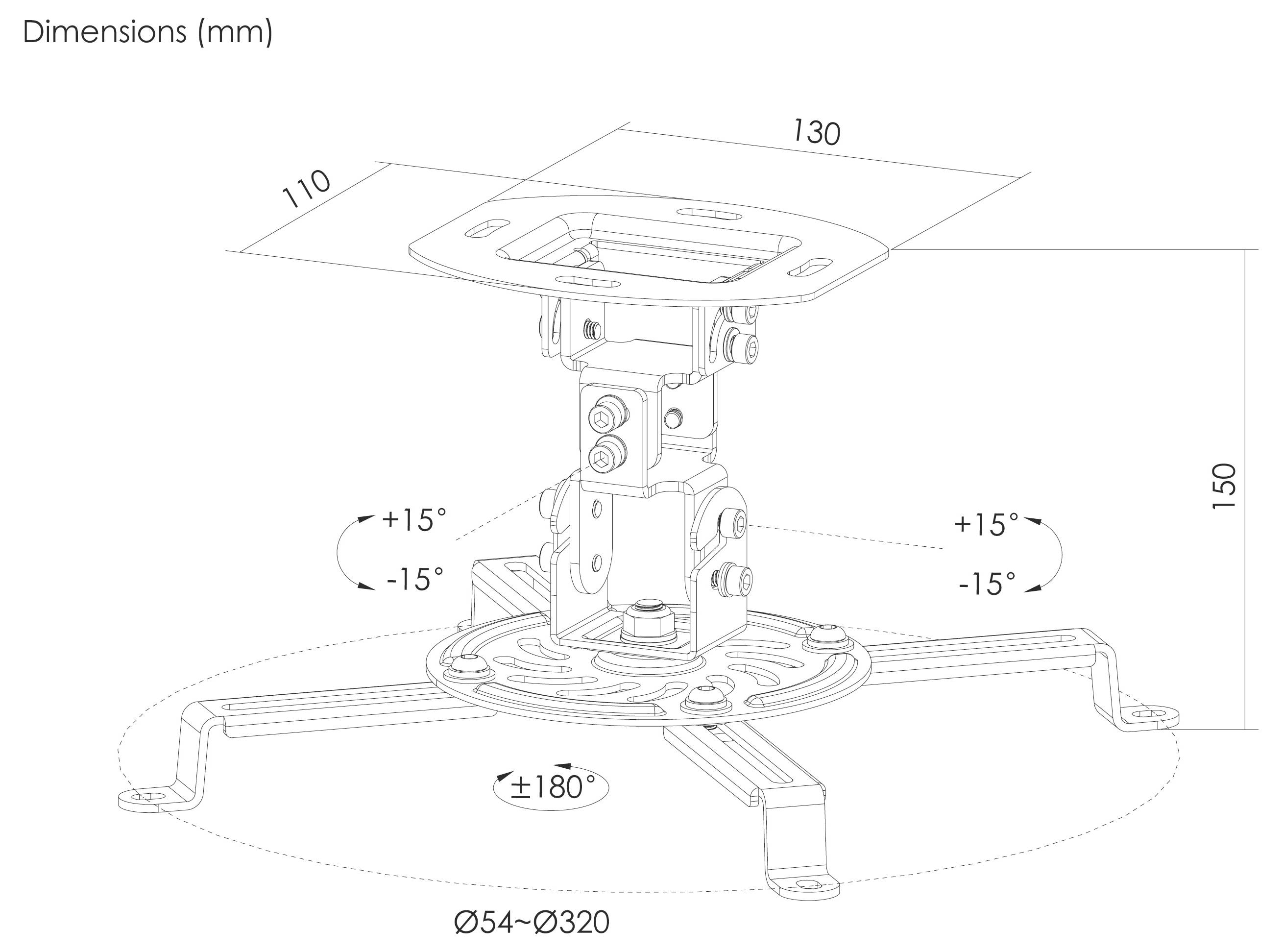 Technické schéma nastavitelného stropního držáku projektoru zobrazující rozměry v mm, sklon ±15°, otočení ±180° a kompatibilní rozsah průměru Ø54–Ø320.