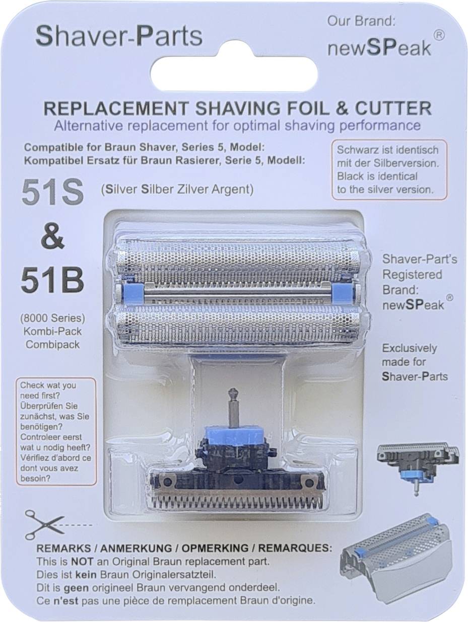 Balení náhradních dílů Shaver-Parts - holící fólie a střihací nůž pro elektrické holítky Braun 51S a 51B, zobrazující součásti v blistrovém balení.