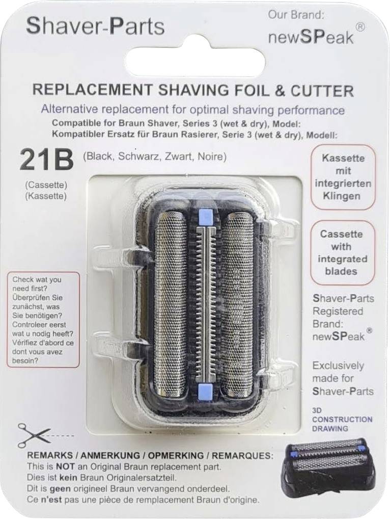 Náhradní holící fólie a kazeta řezáků Shaver-Parts, model 21B, pro holící strojky Braun s integrovanými břity.