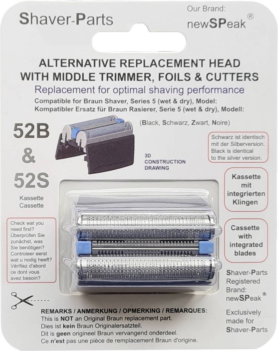 Obal na náhradní hlavu holící hlavice Shaver-Parts pro Braun Series 5/52B a 52S s integrovanými břity, středovým strojkem a fóliovými noži.