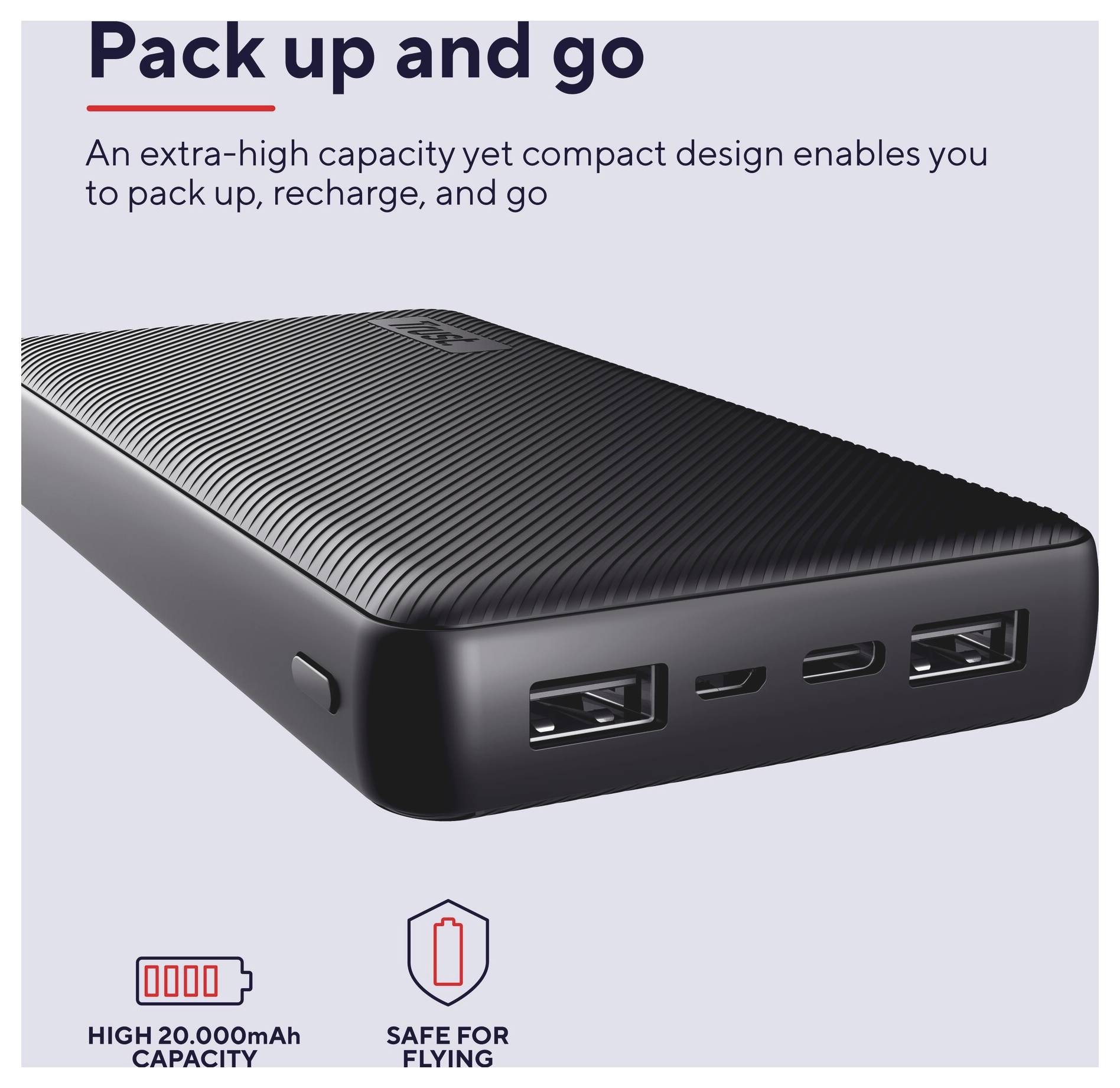 Černá kompaktní powerbanka s více USB porty, označená "Sbal a jdi", zdůrazňující kapacitu 20 000 mAh a bezpečné použití na letadlech.