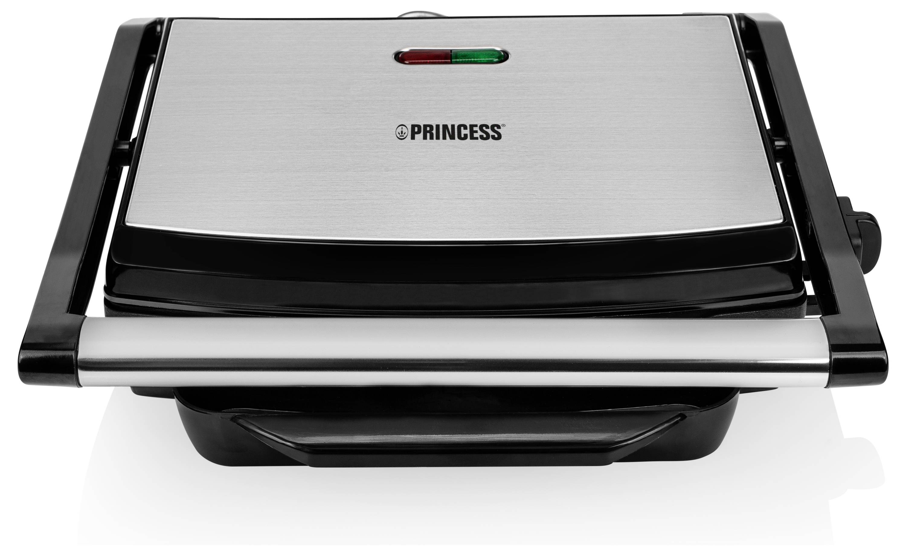 Uzavřená elektrická grilka Princess se kartáčovaným stříbrným víkem, černým tělem a červenými a zelenými indikačními diodami.