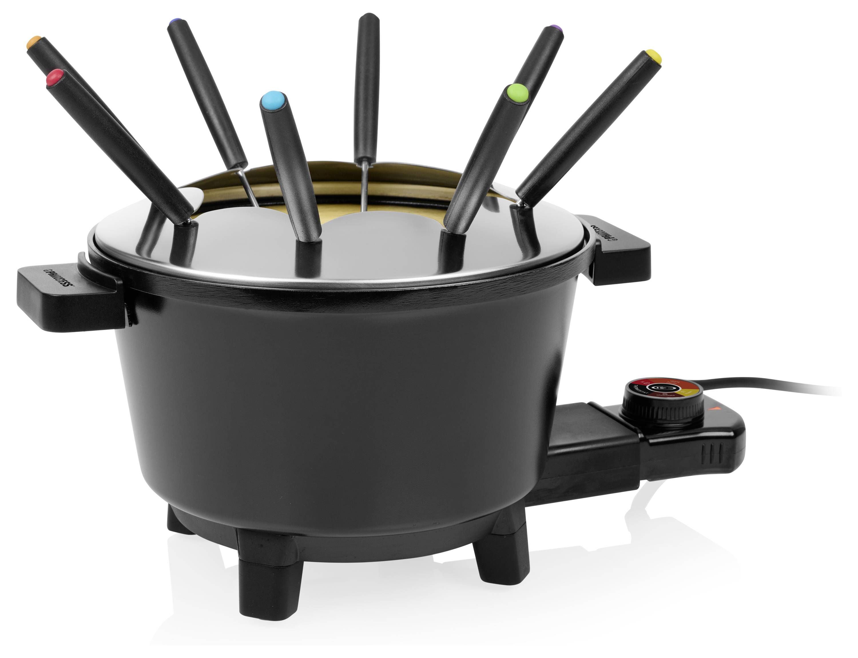 Elektrický fondue hrnec se šesti barevně označenými vidličkami a ovladačem teploty na černé podstavě.