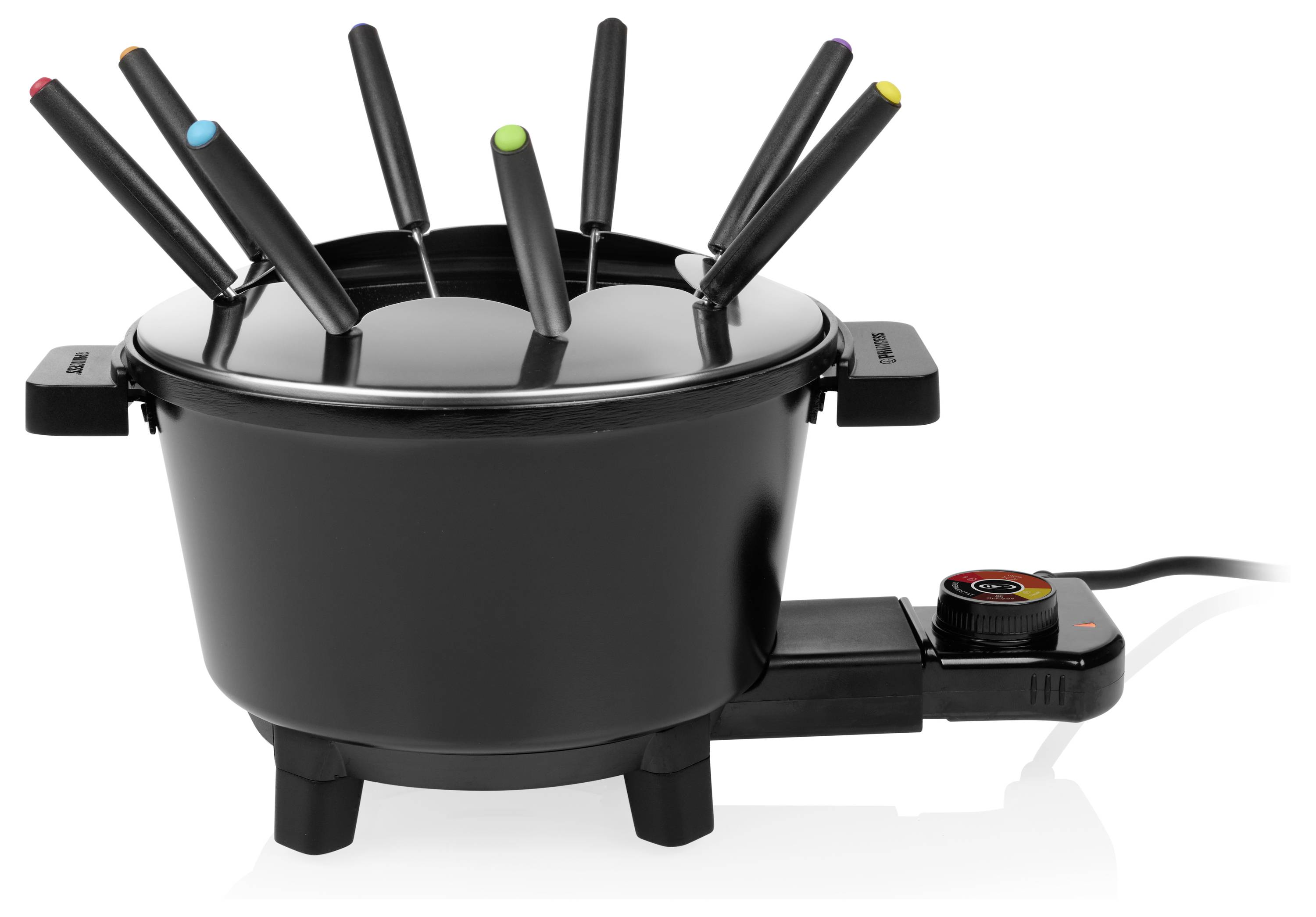 Elektrický fondue hrnec se šesti barevně označenými špíčkami a regulátorem teploty na základně s napájením