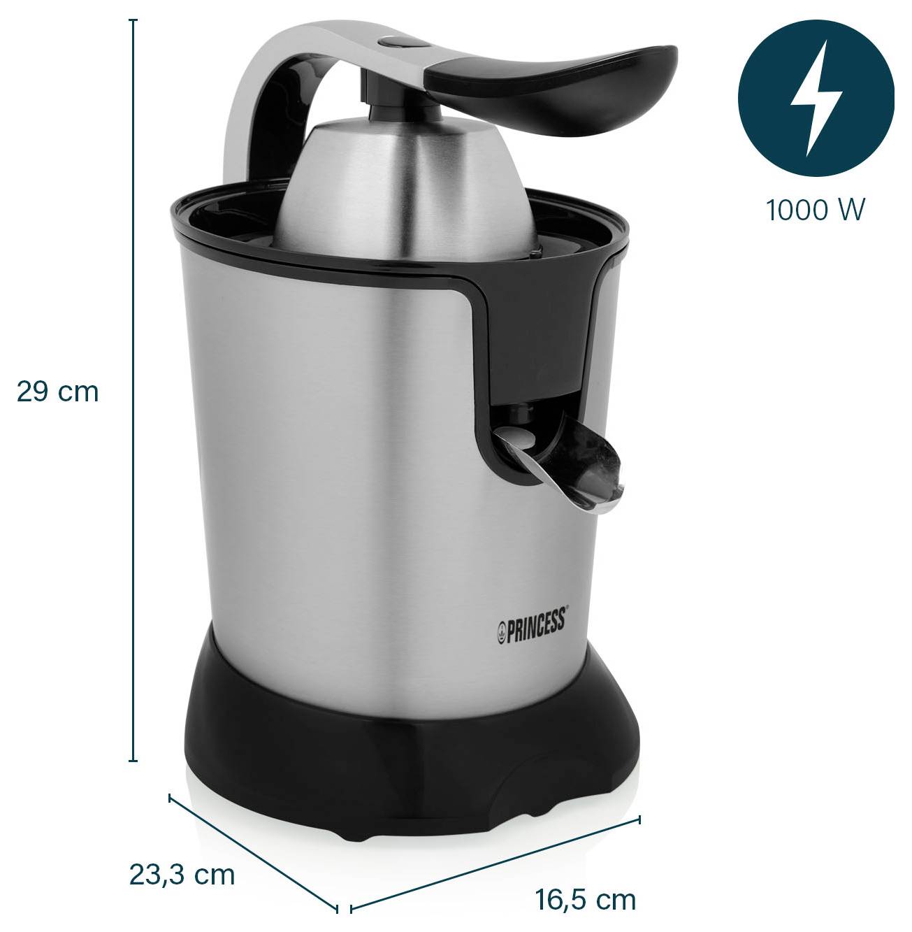 Produktový obrázek nerezové citrónové lisu zobrazený s rozměry 29 cm vysoký, 23,3 cm hluboký, 16,5 cm široký a výkonem 1000 W.