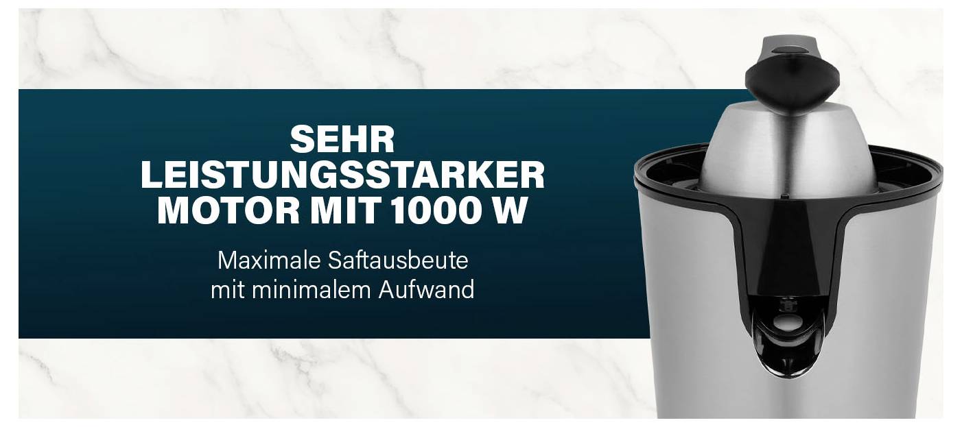 Reklama na odšťavňovač s "VELMI VÝKONNÝ MOTOR S 1000 W" a "Maximální výtěžek šťávy s minimálním úsilím"; obrázek ukazuje přístroj