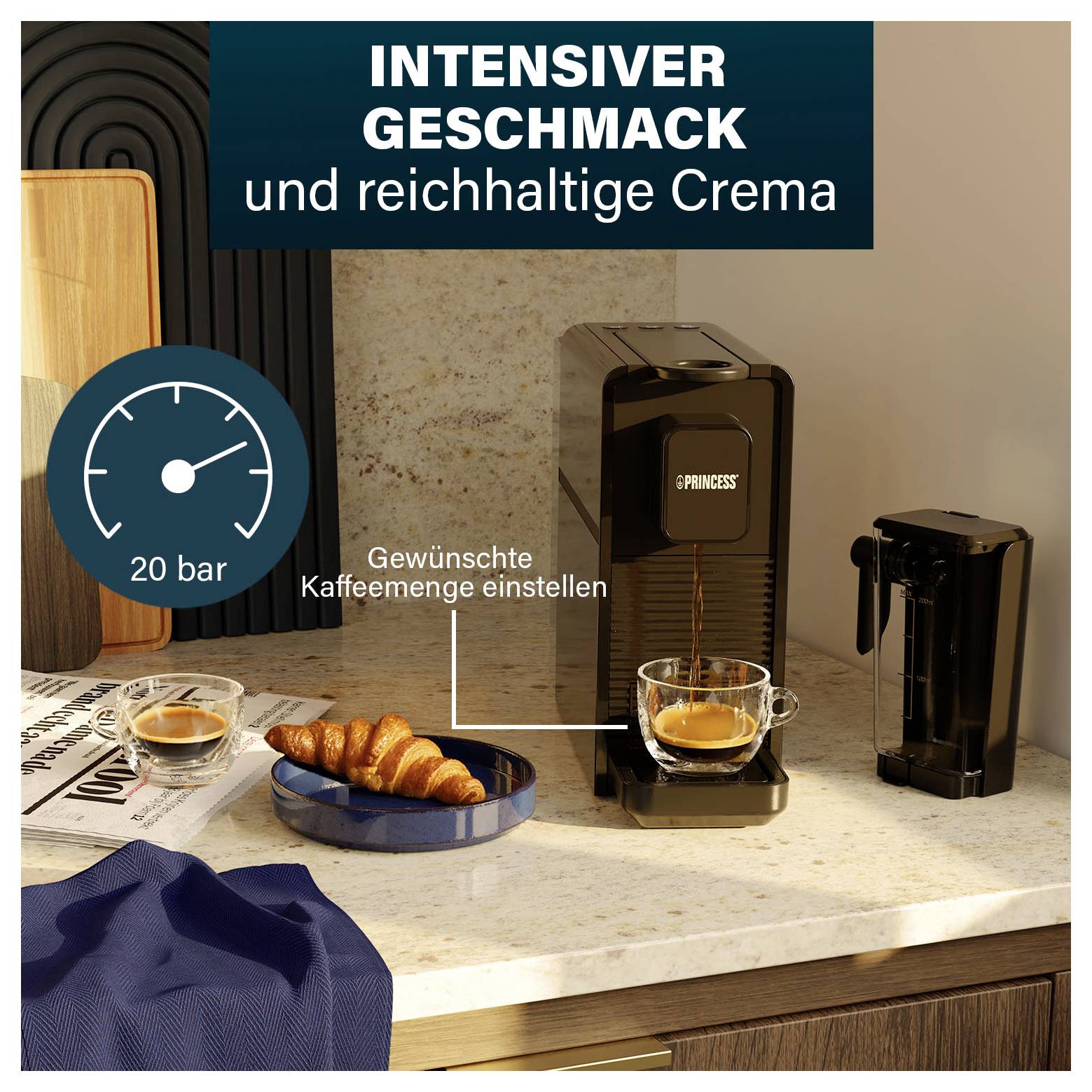 Stolní espresso stroj s podavačem šálků nalévající kávu do sklenice; německý text říká "intenzivní chuť a bohatá krema" a "nastavte požadované množství kávy" s ikonou manometru 20 bar.
