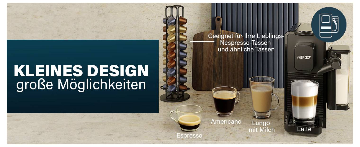 Obrázek v reklamním stylu malého kávovaru Nespresso s různými šálky ukazujícími možnosti nápojů, doplněný textem 'MALÝ DESIGN velké možnosti' a 'Vhodný pro vaše oblíbené šálky Nespresso a podobné šálky'.