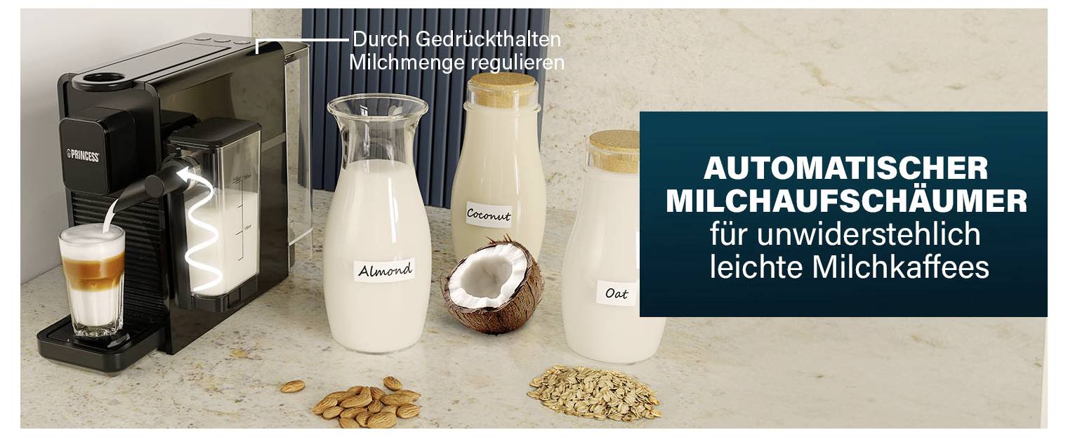 Automatický mlékový pieniče zobrazený se vrstvený latté v šálku, mléčnými konvičkami a otevřeným kokosem. Německý text říká: „AUTOMATICKÝ MLÉKOVÝ PIENIČI pro neodolatelně lehké mléčné kávy" a poznamenává, že hlasitost lze regulovat dlouhým stisknutím.