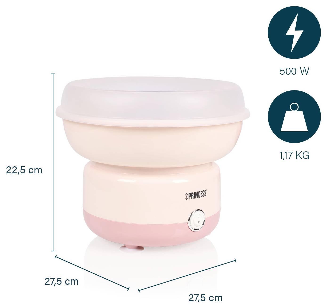Stroj na cukrovou vatu Pink Princess s miskou, zobrazený s rozměry 22,5 cm na výšku a 27,5 cm na šířku/hloubku, výkon 500 W, hmotnost 1,17 kg.