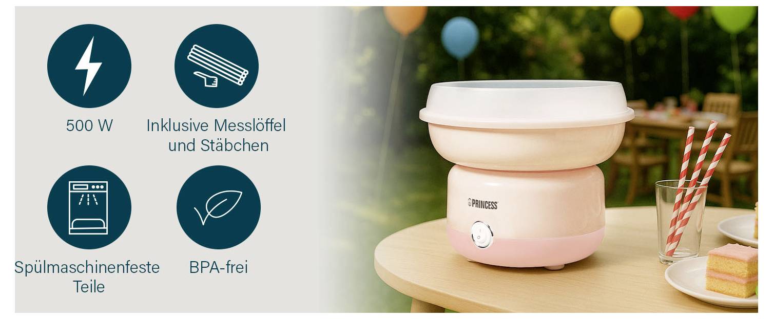 Růžový elektrický fondue hrnec na stole se čtyřmi ikonami uvádějícími funkce: 500 W, "Včetně měřicí lžičky a paličky", části vhodné do myčky a bez BPA.