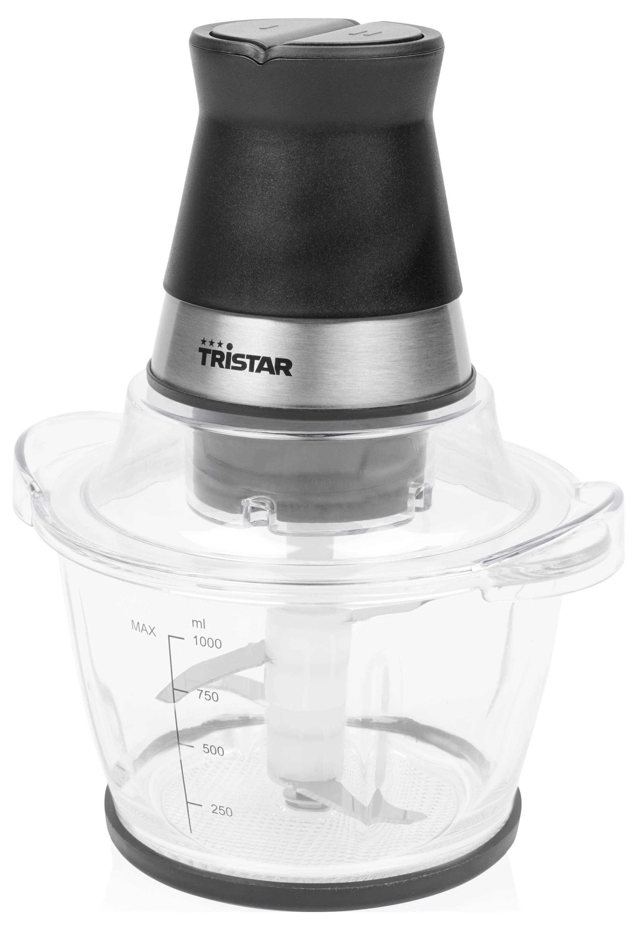 Elektrický kuchyňský mlýnek s černým motorem v horní části a průhlednou miskou o objemu 1 000 ml, označený značkou Tristar, zobrazený na bílém pozadí.