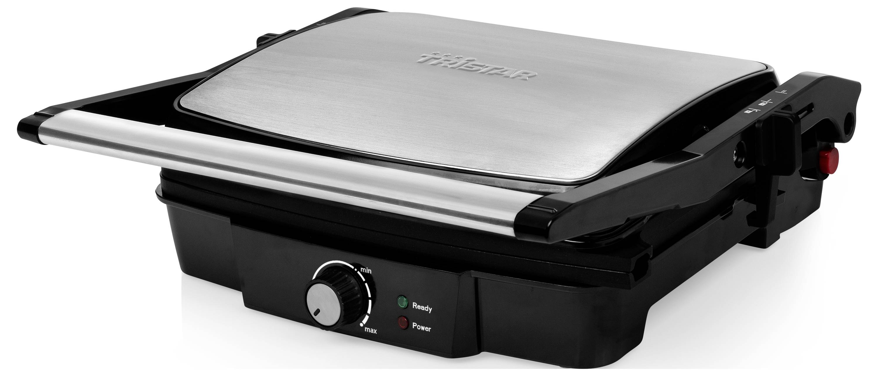 Uzavřený elektrický toustovací stroj na sendviče nebo panini gril z nerezové oceli s pokličkou, černou základnou, regulátorem teploty a kontrolními světly pro připravenost/předehřátí.