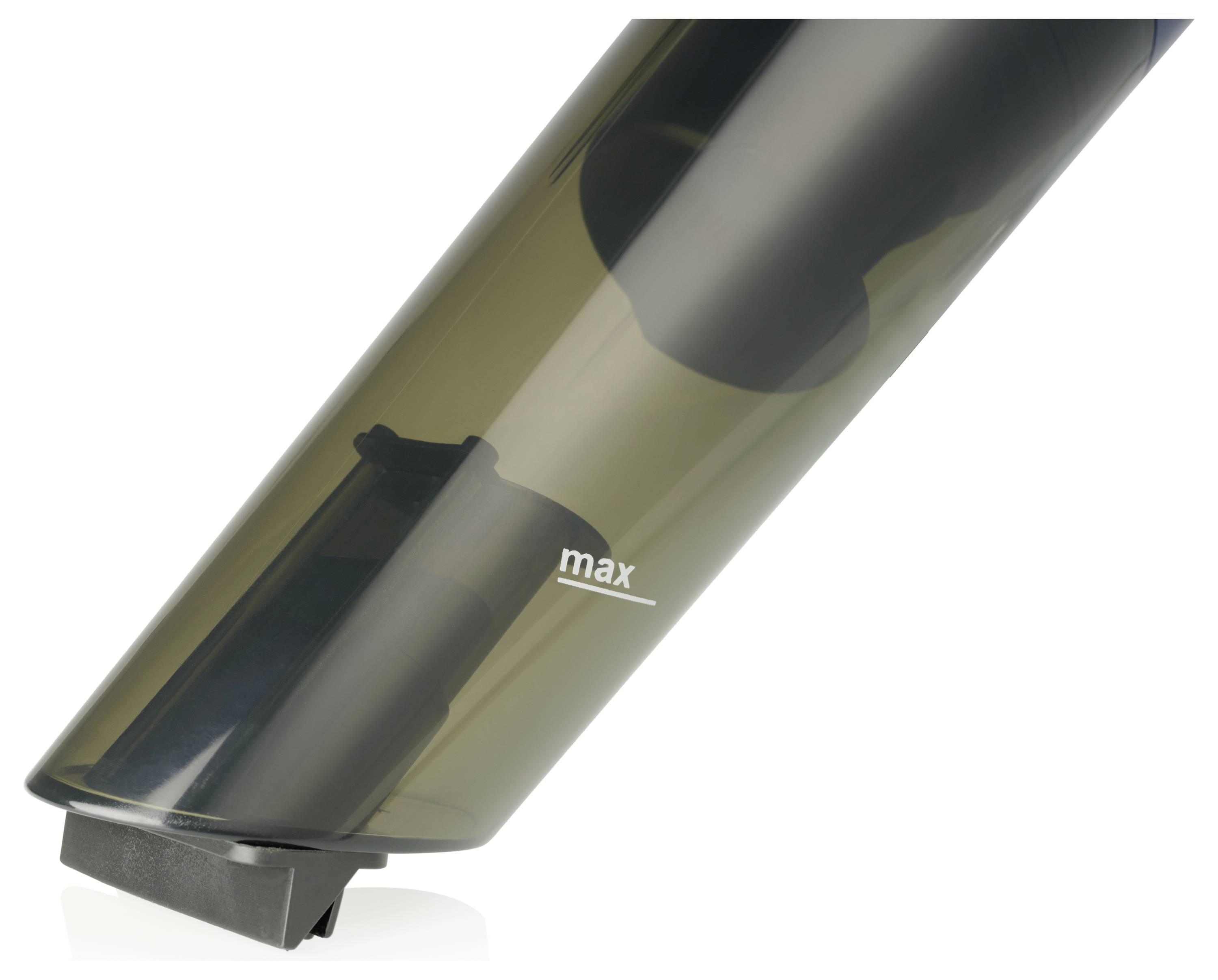 Detailní záběr na průhledný černý cartridge tiskárny s viditelnou značkou "max" pro maximální hladinu na bílém pozadí.