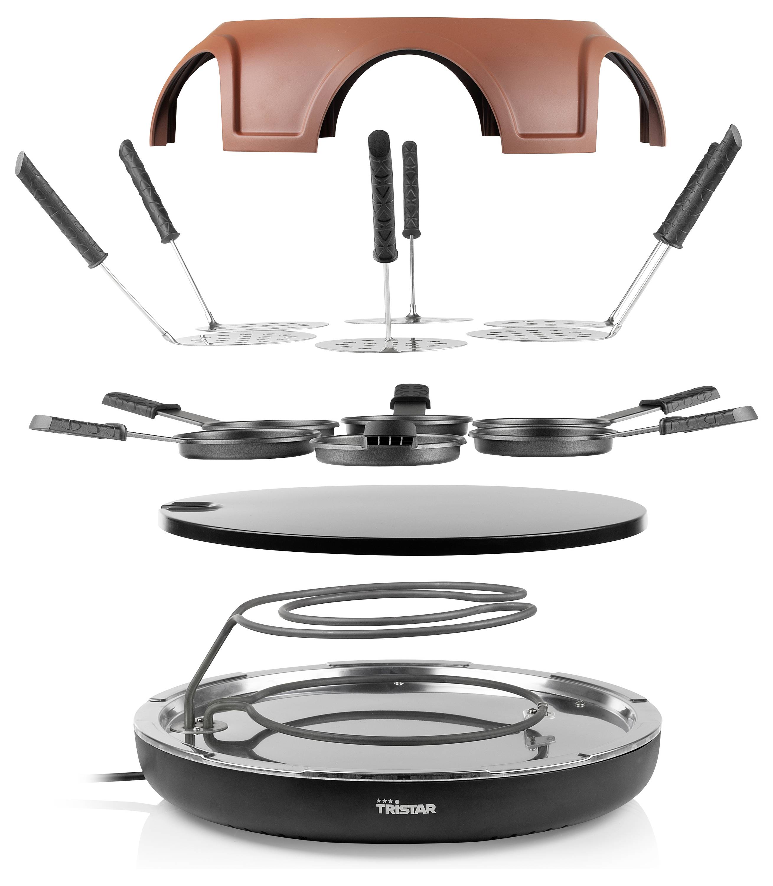 Rozložený pohled na elektrický raclette gril Tristar se skládacími deskami, pánvemi, špíčáky a víkem zobrazenými jako oddělené skládané součásti.