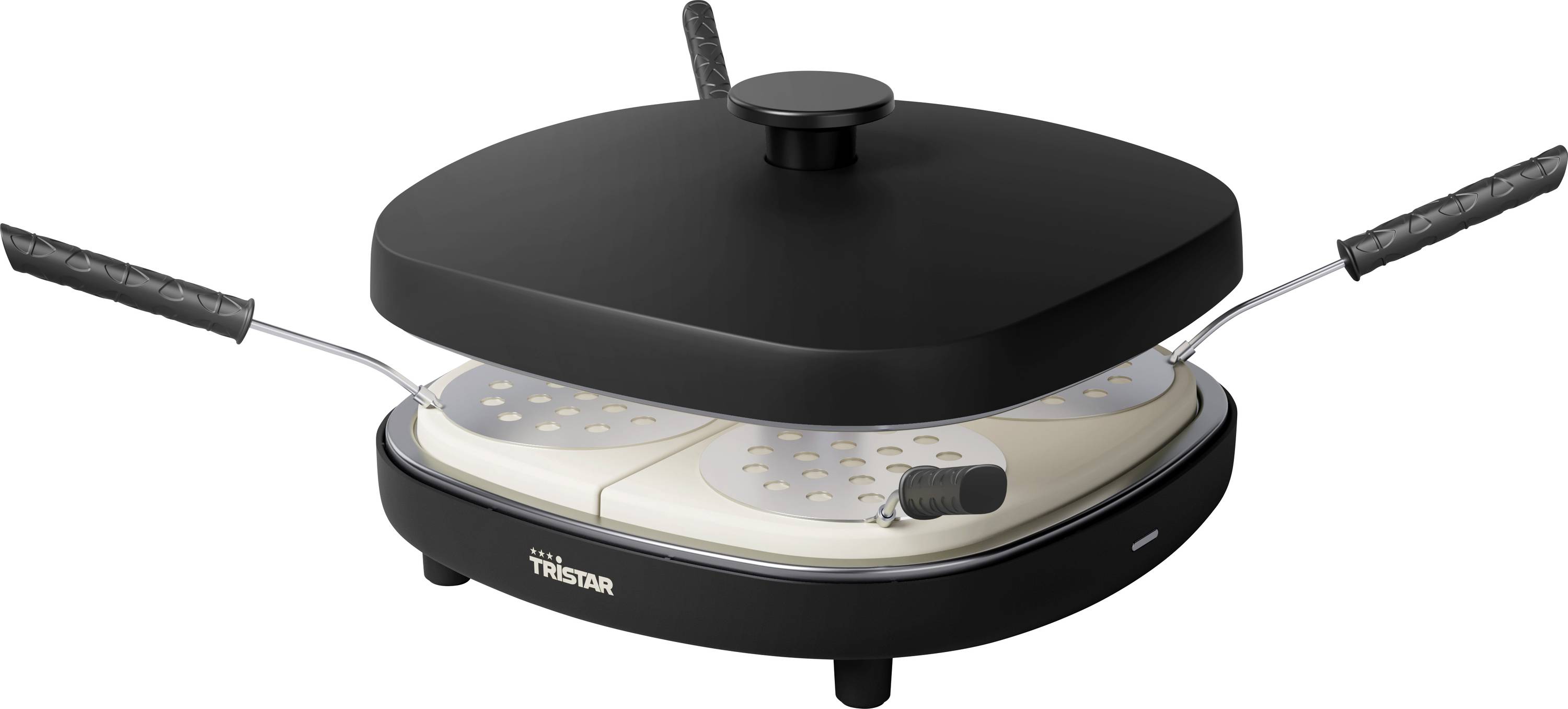Elektrická raclette grilovací deska s černým víkem a dvěma rukojeti, zobrazující desku na grilování a regulátor teploty na bílém pozadí.