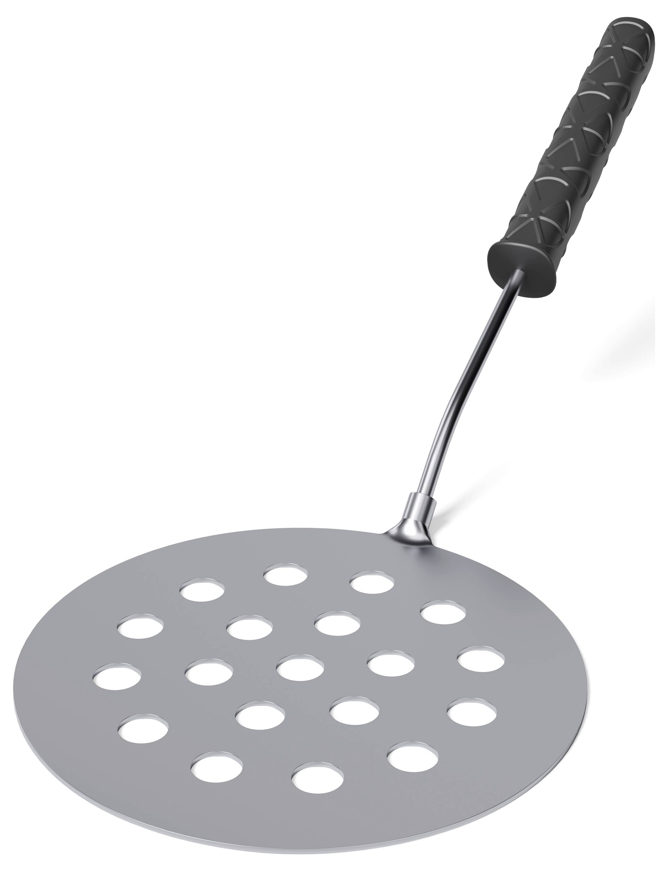 Kulatý kovový grilovací nástroj s dlouhou rukojetí a děrovanou kulatou hlavou pro zvedání nebo překlopení jídla na grilu.