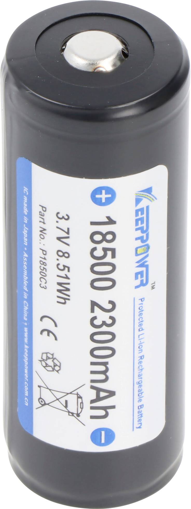 Černá válcová lithium-iontová nabíjecí baterie 18650 označená 3,7V 8,51Wh 2300mAh