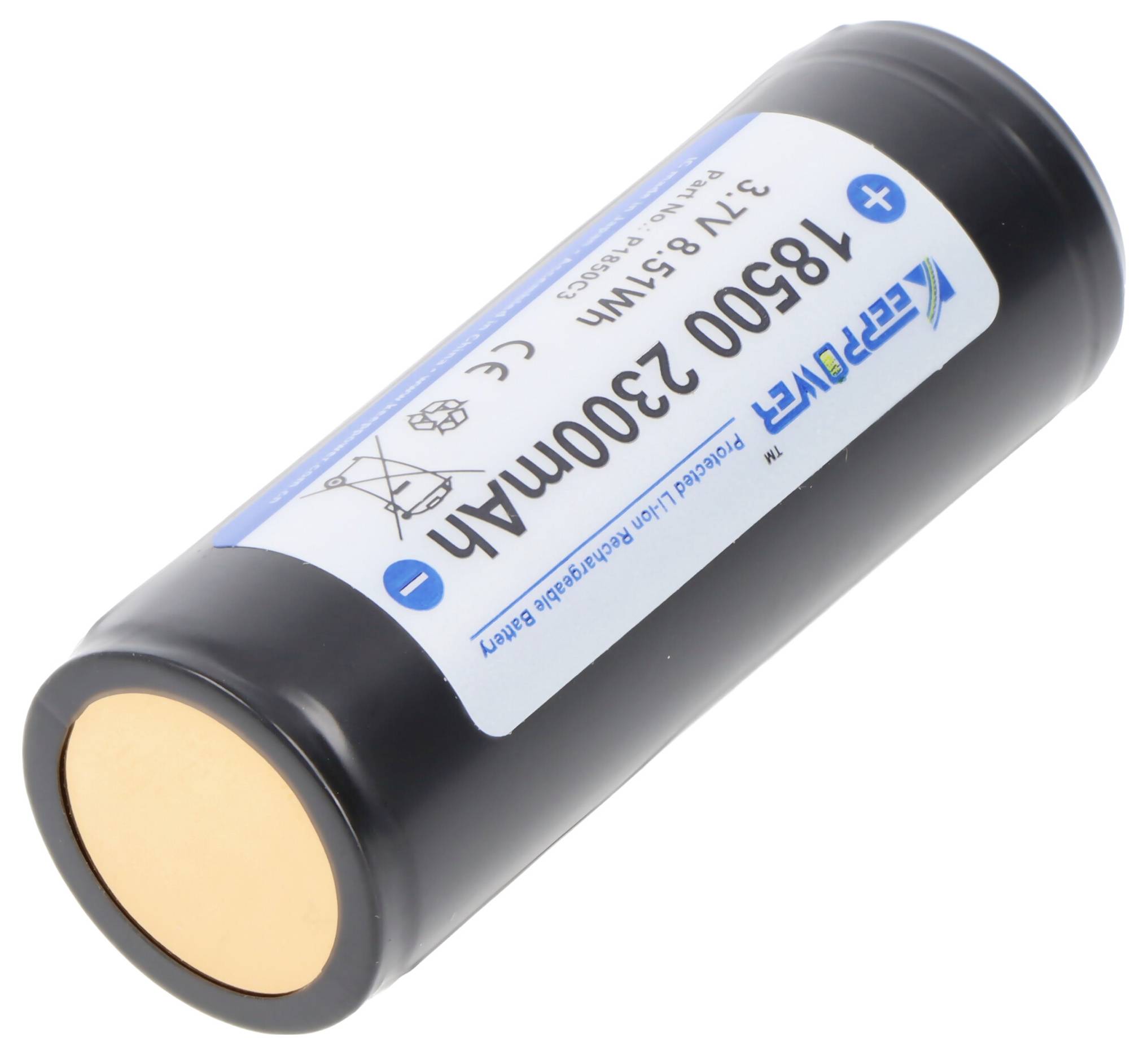 Černá válcovitá nabíjecí baterie označená „18500 2300mAh" se zlatým kladným pólem, zobrazená na bílém pozadí.