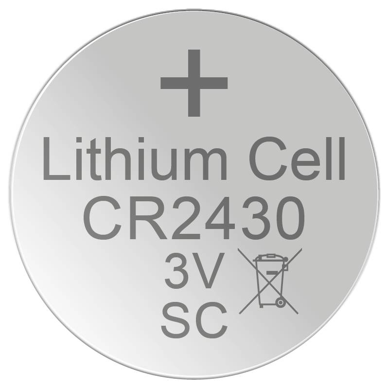 Baterie lithiová mincovní CR2430 3V označená jako „Lithium Cell" se znaménkem plus a přeškrtnutou ikonou odpadkového koše.