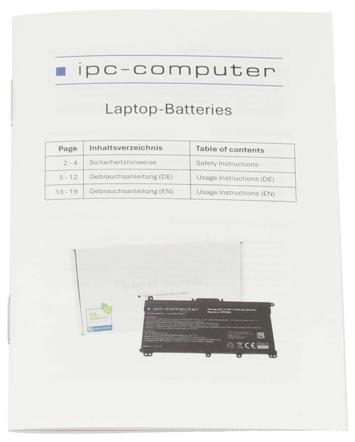 # Obálka manuálu 'ipc-computer' s názvem 'Laptop-Batteries' obsahující obsah a fotografii baterie a adaptéru notebooku