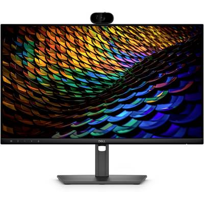 Monitor Dell s vestavěnou webkamerou zobrazující barevný abstraktní displej podobný stupnici na obrazovce.