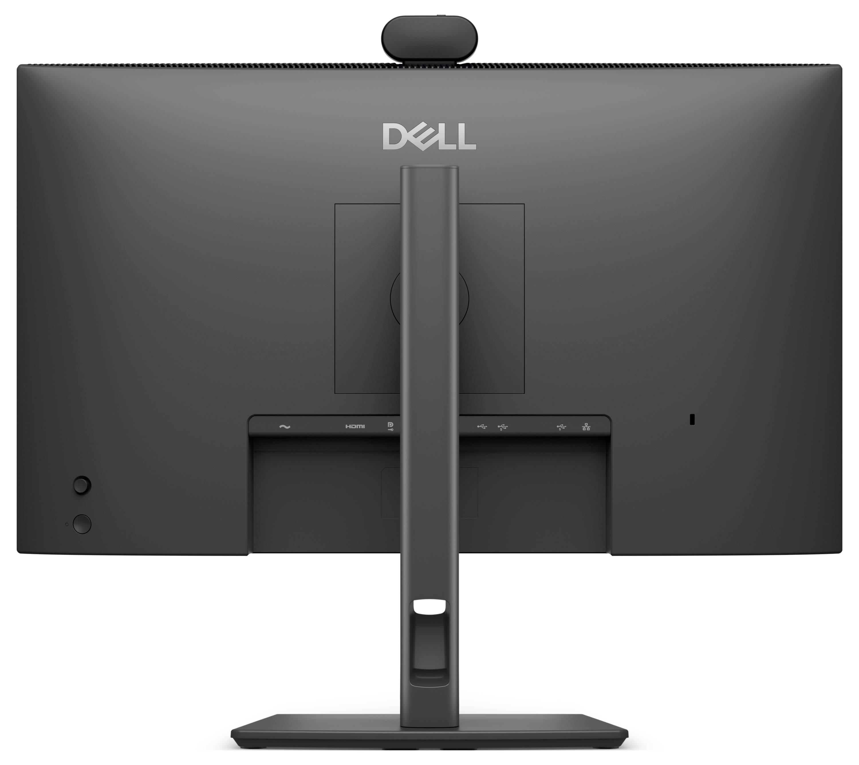Zadní pohled na desktopový monitor Dell na stojanu, který ukazuje centrované logo, kryt kabelů a obdélníkovou základnu na bílém pozadí.