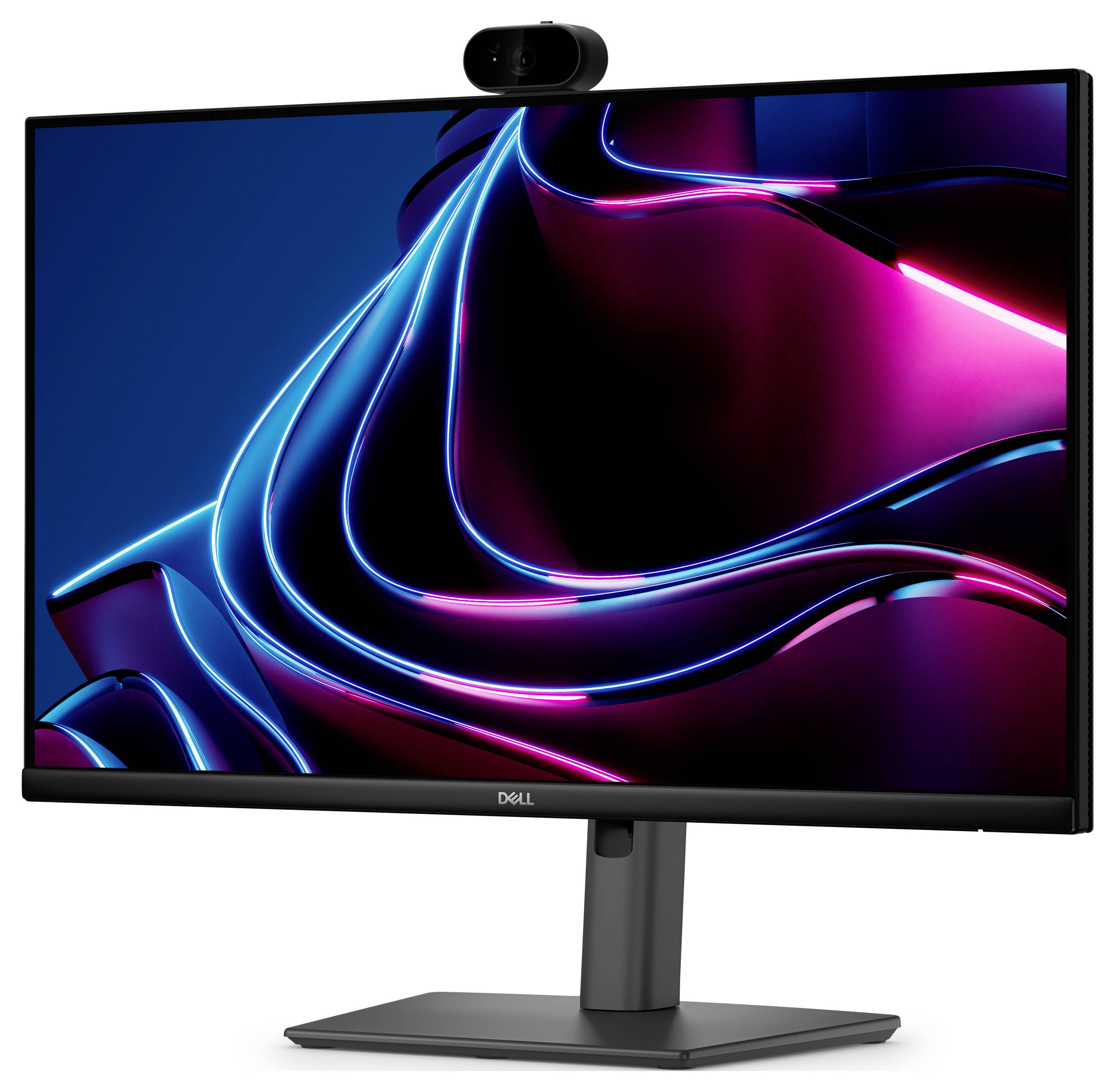 Dell monitor s vestavěnou webkamerou zobrazující abstraktní modré a růžové světelné pruhy na obrazovce.