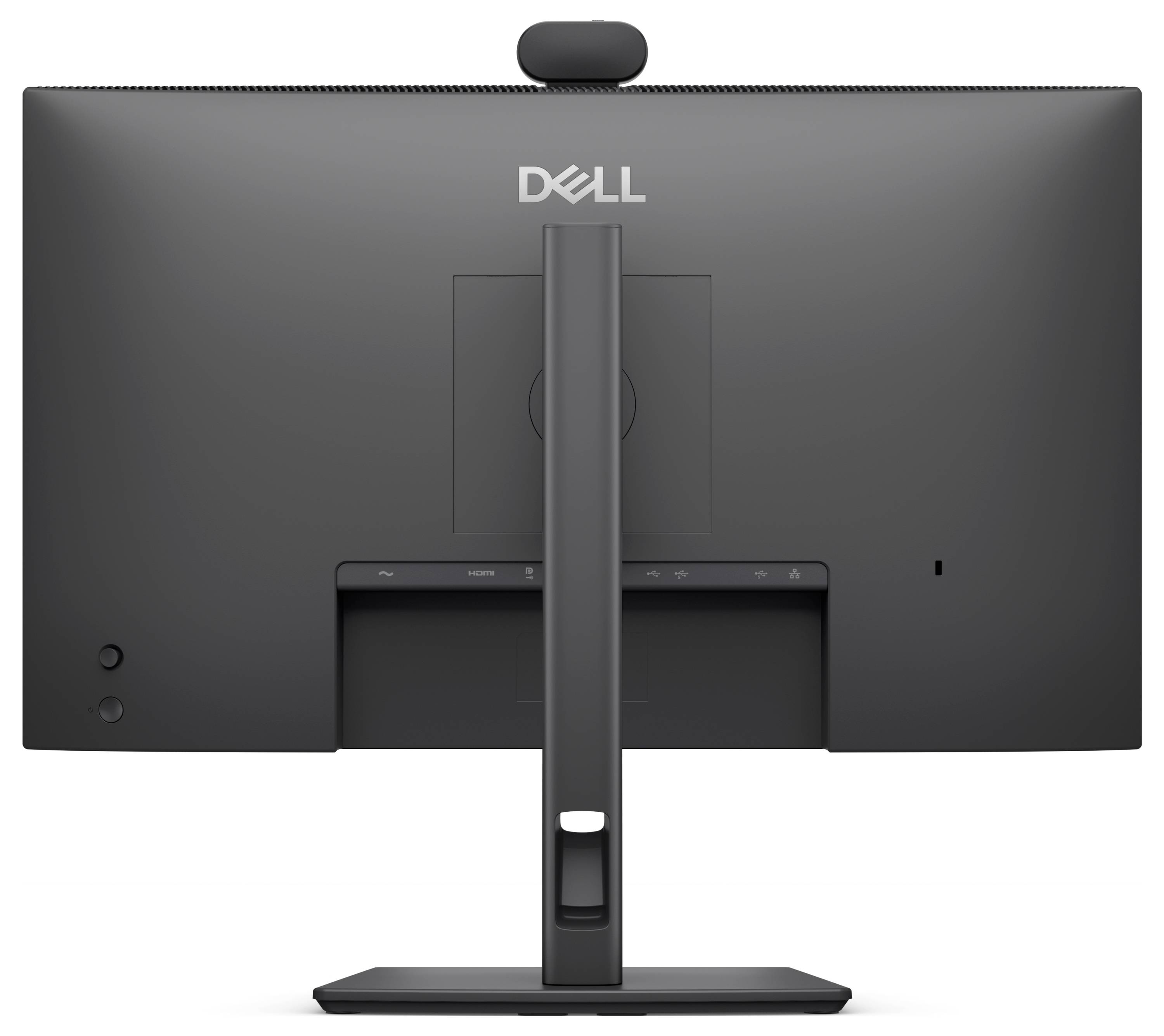 Zadní pohled na stolní monitor Dell na stojanu, zobrazující zadní panel, centrální podpůrný sloup a základnu.