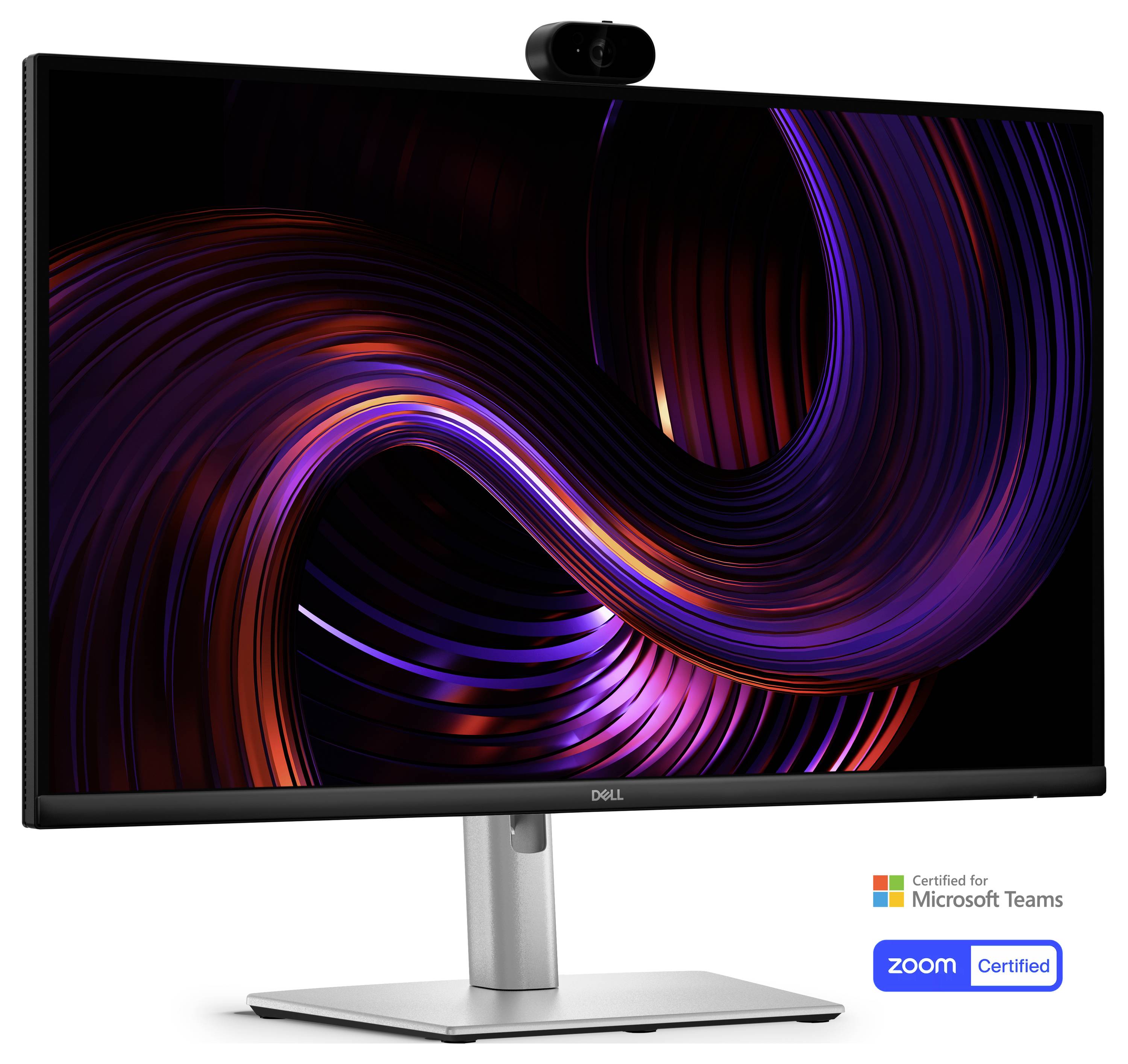 Monitor Dell se zabudovanou webkamerou zobrazující abstraktní artwork s fialovými a oranžovými vírícími se tvary, s certifikačními znaky Microsoft Teams a Zoom.