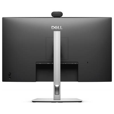Zadní pohled na stolní monitor Dell s vestavěnou webkamerou, centrálním stojanem a čtvercovým krytím kabelů na bílém pozadí.