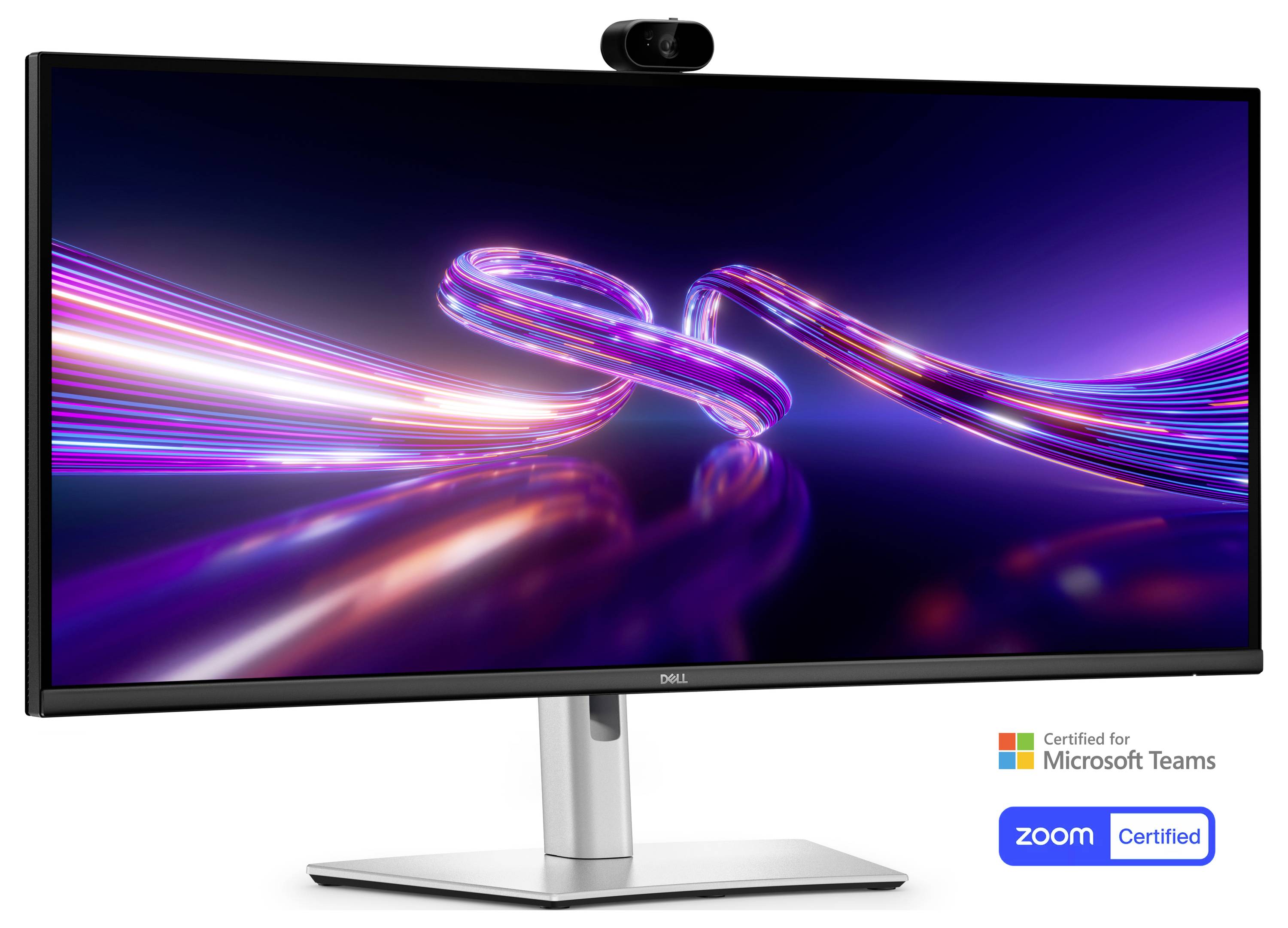 Dell monitor zobrazující abstraktní neonové čáry světla, s webkamerou nahoře a certifikačními logy Microsoft Teams a Zoom níže.