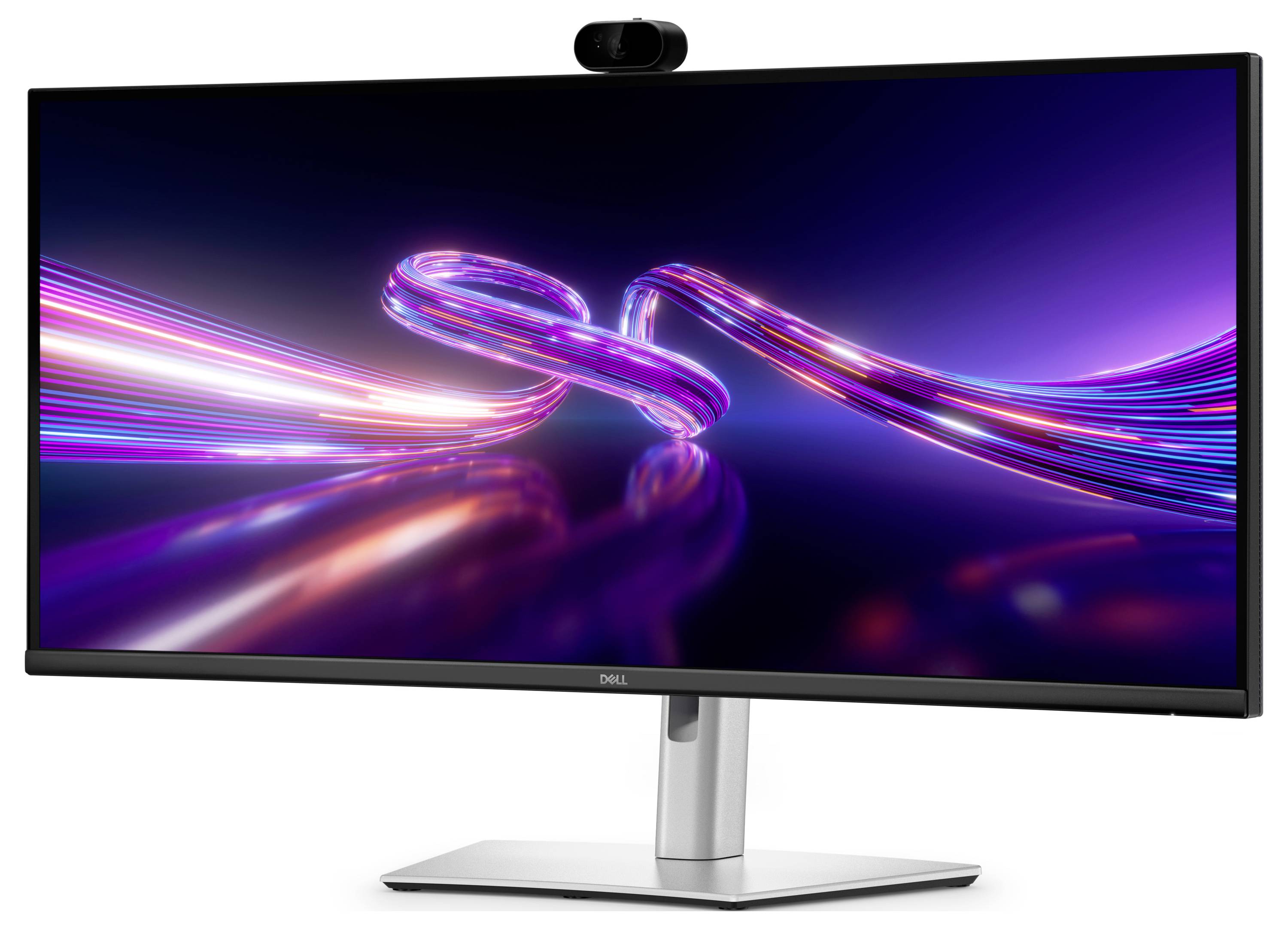Dell ultraširokouhlý monitor s webkamerou zobrazující abstraktní neonové světelné pásy na tmavě fialovém pozadí.