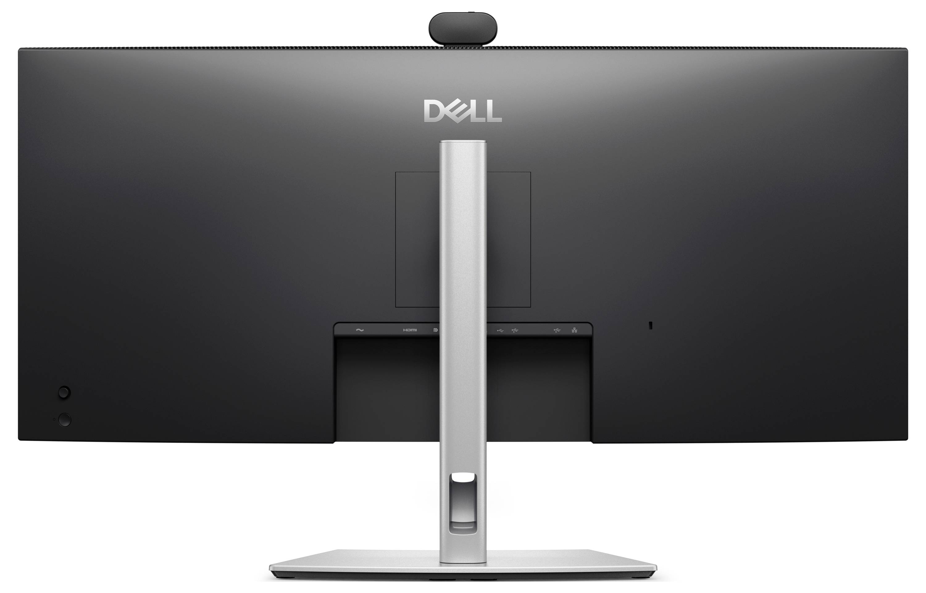 Zadní pohled na desktopový monitor Dell s integrovanou webkamerou, který zobrazuje stojan a porty na bílém pozadí.