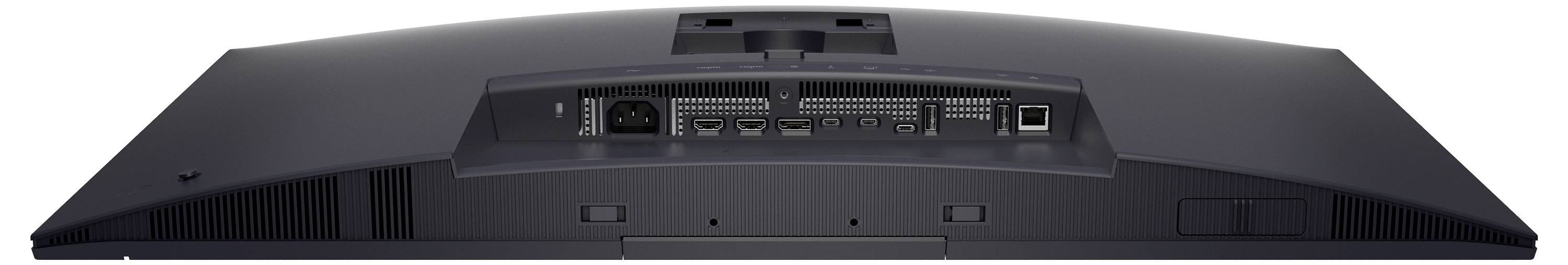 Zadní pohled na monitor s plochou obrazovkou zobrazující ventilační mřížky, více vstupních portů a konektor napájení.
