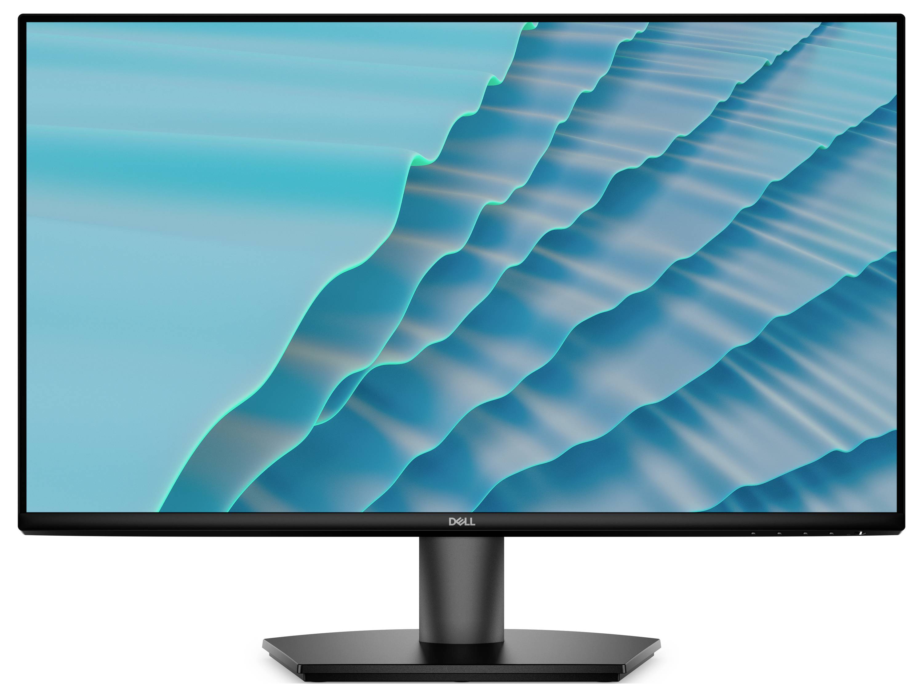 Dell monitor zobrazující tyrkysový abstraktní vlnový vzor na bílém pozadí.