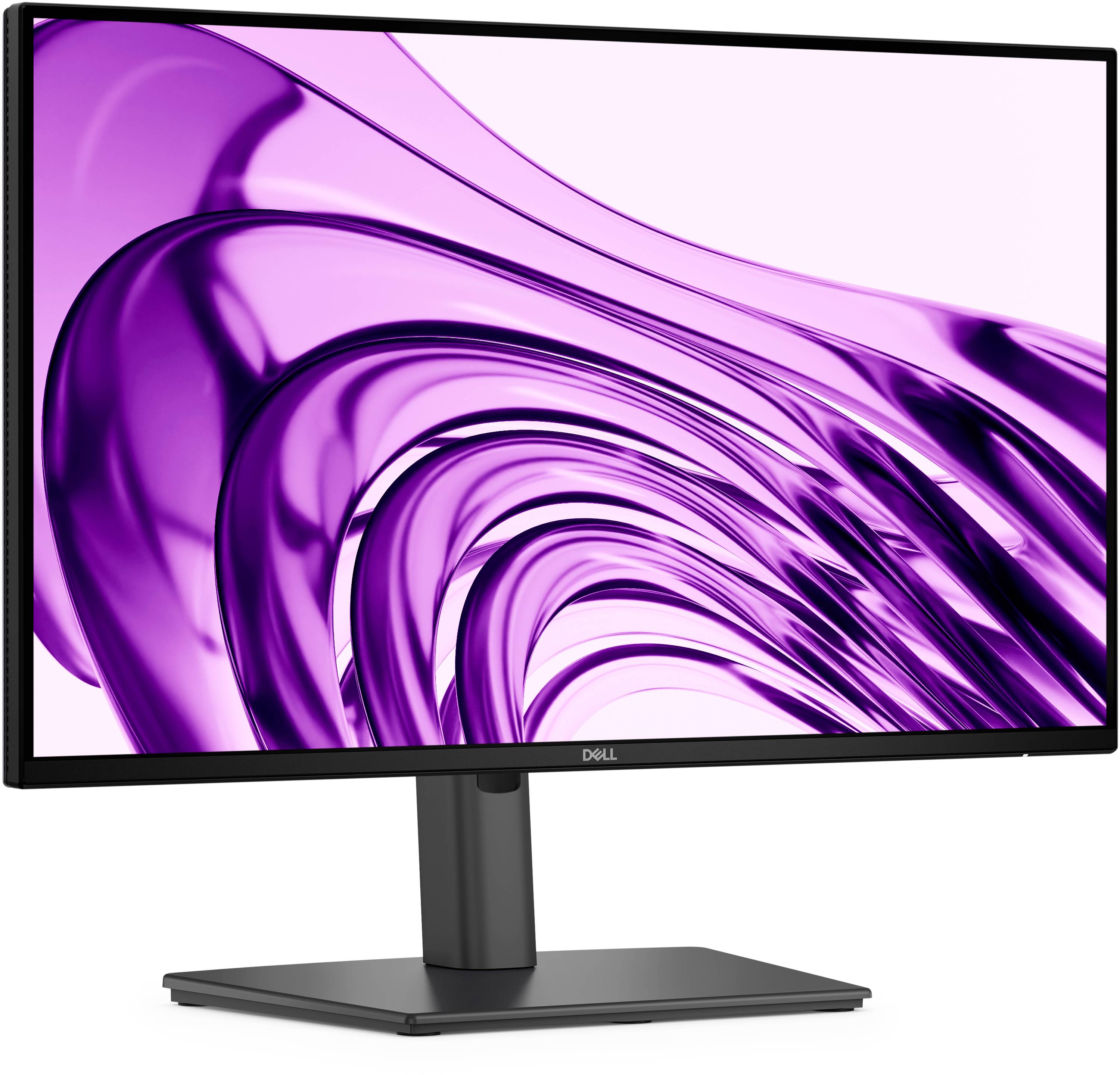 Monitor Dell zobrazující abstraktní fialový vír na bílém pozadí.